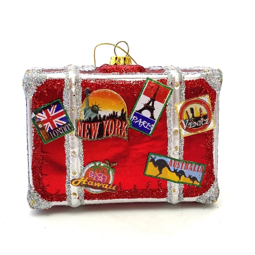 Midwest Seasons Hand Blown Glass Globe Trotter Travel Case Christmas Ornament